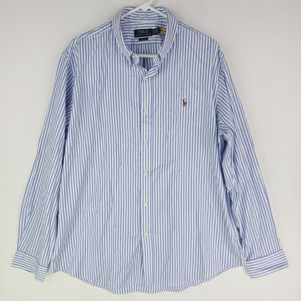 Polo Ralph Lauren Button Down Shirt Mens XL Blue Striped Classic Fit Flesh Pony